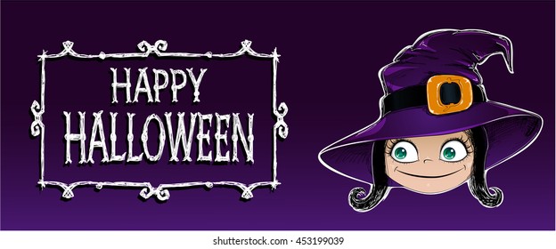 Halloween banner vector illustration. Cute little Witch and  inscription "Happy Halloween" on dark background. This useful to web site, cards, poster, invitations for party.