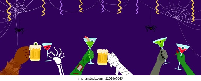 Halloween banner vector illustration, monster hand ; mummy, green witch, demon, werewolf, zombie, skeleton bone, hold spooky party cocktail drink glass on purple background, Autumn holiday celebration