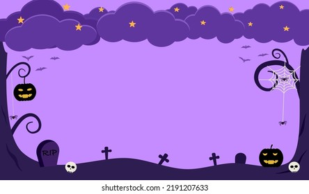 Halloween Banner Vector Illustration With Space Copy, Spooky Night Sky Haunted Tree Forest, Gravestone And Pumpkin Lantern At Grave Cemetery, Celebration At Graveyard, Autumn Holiday Celebration.