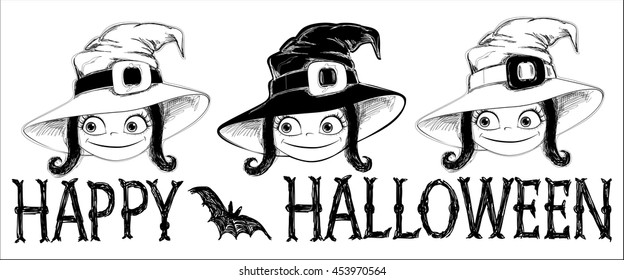 Halloween banner vector illustration. Three cute little Witches and inscription "Happy Halloween" on white background. This useful to web site, cards, poster, invitations for party.