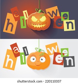 Halloween banner vector illustrations- cute and scary curved pumpkins set