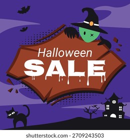 Vector de Anuncio de Halloween con bruja que sostiene el tablero de venta