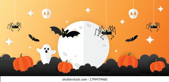 Halloween banner vector.Happy Halloween banner background with clouds,bats,moon,spiders,skulls and pumpkins in paper cut style.Full moon in the sky, with stars.