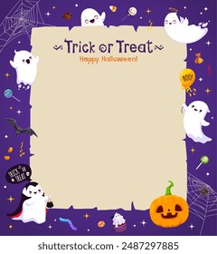 Halloween banner with vintage scroll and kawaii ghosts, whimsically haunting the scene with their adorable charm, capturing the spirit of spooky festivities. Cartoon vector frame or border template