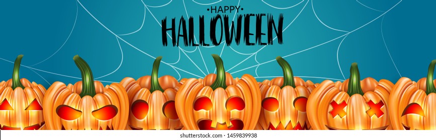 Halloween banner or website header design with orange pumpkin faces and spider web on blue background. Realistic vector illustration.