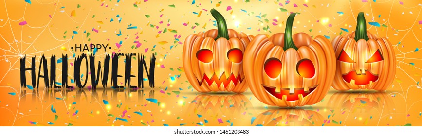 Halloween banner or website header design with pumpkin faces and falling confetti over spider web on orange background. Realistic vector illustration.