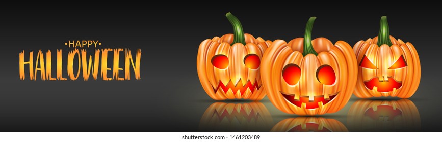 Halloween banner or website header design with orange pumpkin faces on black background. Realistic vector illustration.