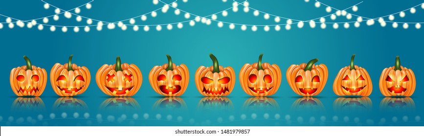 Halloween banner or website header with pumpins with cut out faces and hanging garlsnd on blue background. Vector illustration.