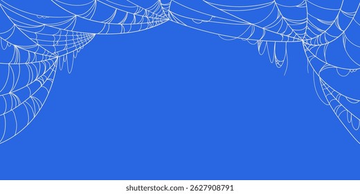 Halloween Banner with White Spider Web Frame in Hand Drawn Style Isolated on Blue Background. Doodle arachnid web perfect for cards, party invitations, web