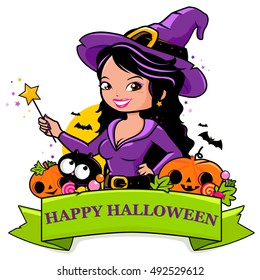 Halloween banner with a witch, a cat, pumpkins and candy. Vector illustration 