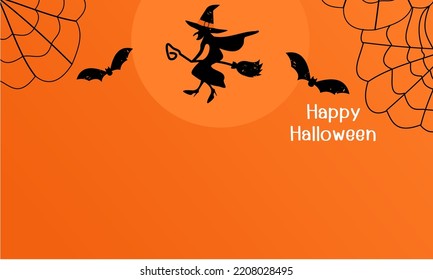 Halloween Banner Of Witch, Hat, Broom, Bat, Spider Web And Big Moon On Orange Background Vector Illustration.