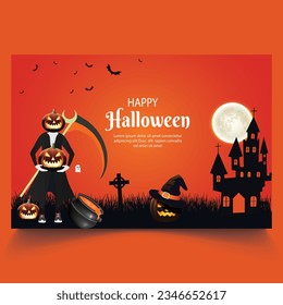Halloween banner with witch, pumpkin, haunted house and full moon. Flyer or invitation template for Halloween party. Vector illustration.