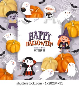 Pancarta de Halloween con bruja, vampiro, fantasma, murciélago, zombie, calabaza en estilo cortado de papel. Marco cuadrado. Concepto de truco o trato. Antecedentes de la invitación de la parte. Ilustración vectorial