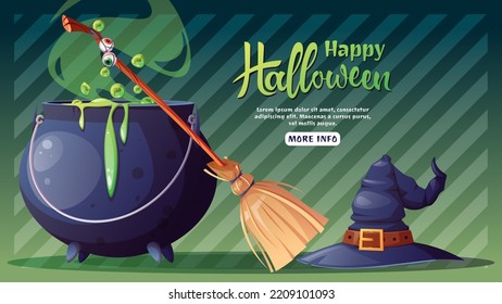 Halloween banner with witch's cauldron, broom and hat. Happy Halloween. Web banner, poster, advertising, background, flyer, holiday card. Cartoon vector illustration