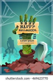 Halloween Banner Zombie Hand From Ground Party Invitation Card Flat Vector Illustration