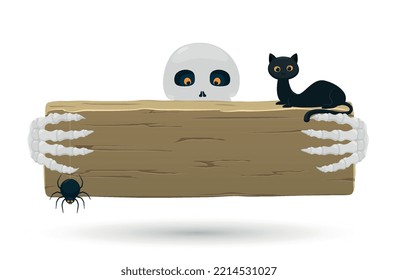 Halloween banner with zombie skeleton hands, black cat and spider on cobweb. Monstar hands holding blank wooden signboard, poster for events, invitations, party.