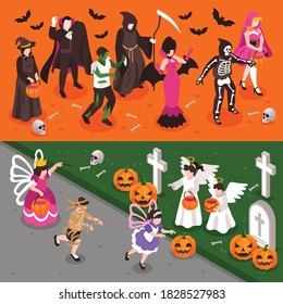 Halloween banners with adults and children wearing party costumes of good and evil creatures isometric isolated vector illustration