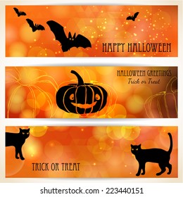 Halloween banners with black cats, pumpkin and bats