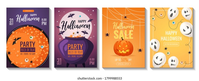 Halloween banners. Brewing potion.  Cauldron, full moon, flying bats. Scary pumpkin and spiders web. Ghost balloons. A4 Vector illustration for poster, banner, special offer, invitation.