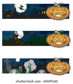 Halloween Banners cartoon banner selection with a spooky Halloween theme. Fully editable layers included.