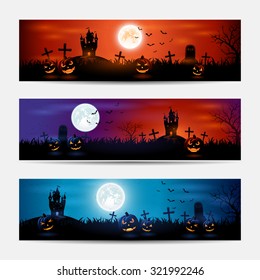 Halloween banners with castle and pumpkins on graveyard, illustration.