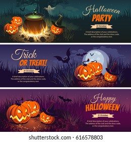 Halloween Banners with the characters on the background. Night autumn landscape