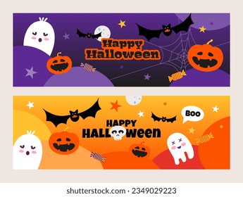 Banners de Halloween, Colección Clipart con tipografía, calabazas, cráneo, murciélago, fantasmas, caramelos, burbuja de habla, luna y estrellas