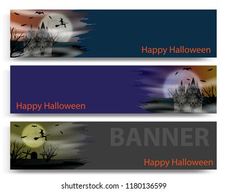 Halloween banners collection with gothic castle, flying young witch, bats and full moon. Vector illustration.