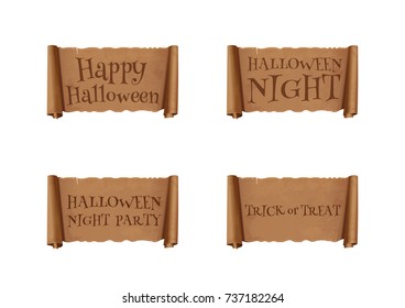 Halloween banners collection. Halloween inscriptions set on an ancient parchment. Happy Halloween. Halloween Night Party. Trick or Treat. Vector illustration
