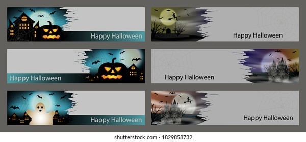 Halloween banners collection with pumpkin and ghost, bat and castle. Vector illustration.