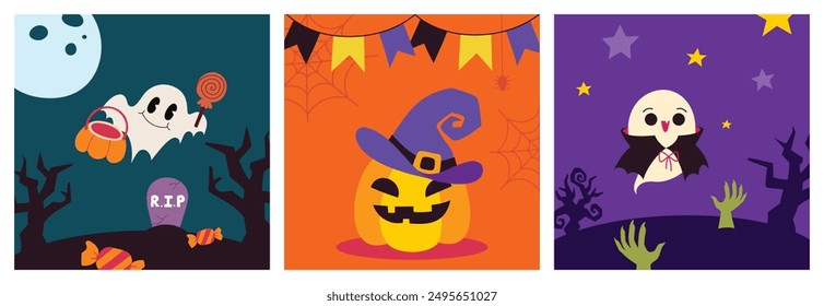 Halloween Banners with Cute Ghosts, Pumpkins, and Vampires in Flat Vector Illustration