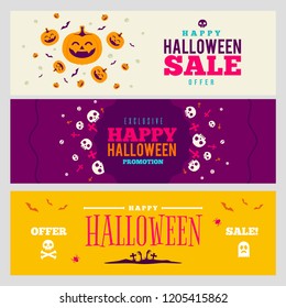 Halloween Banners Design set with Pumpkin, Skull, Ghost, Cross, Cute Scary Happy Characters, Sale Offer and Promotion