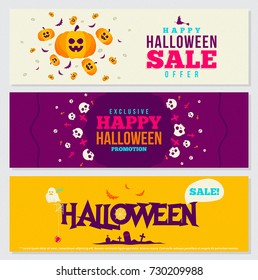 Halloween Banners Design set with Pumpkin, Skull, Spooky Ghost, Cross on Purple Background, Cute Scary Happy Characters, Sale Offer and Promotion for Ads, Web, Cover