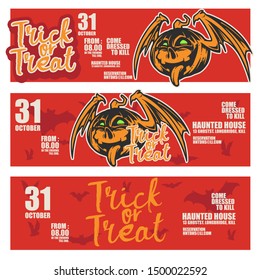 Halloween Banners with the evil pumpkin characters, scary smiling on his face and custom lettering trick or treat text on the red background. bloody night autumn terror landscape