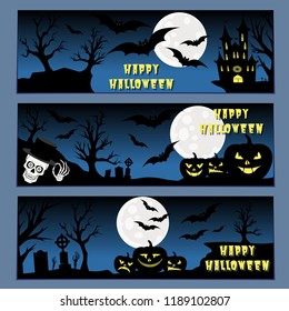 Halloween banners leaflets blue gradient vector set