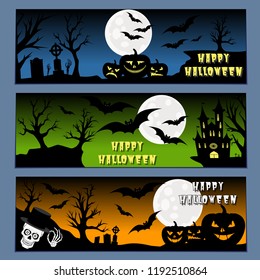Halloween banners leaflets blue, green and orange gradient vector set high quality