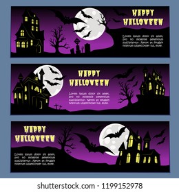 Halloween banners leaflets purple violet gradient vector set