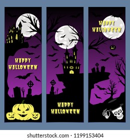 Halloween banners leaflets purple violet gradient vector set