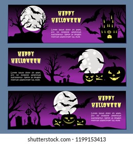 Halloween banners leaflets purple violet gradient vector set