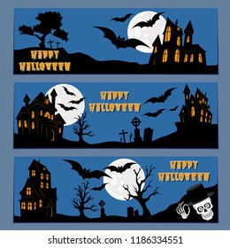 Halloween banners leaflets vector blue set