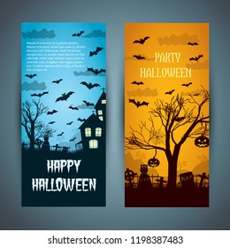 Halloween banners with night cemetery haunted house flying bats on blue and orange backgrounds isolated vector illustration