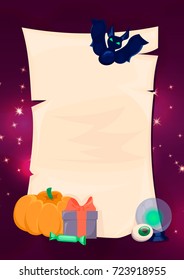 Halloween banners. Old paper with pumpkins, gift, bat.