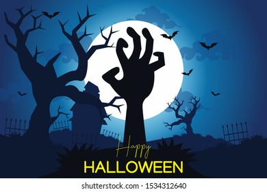 Halloween banners or party invitations background with hands coming out of the ground, trees, graves, and full moon. Vector illustration.