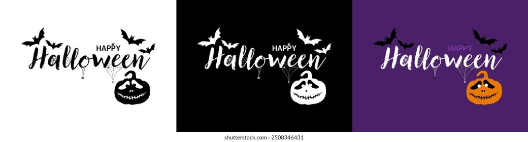 Halloween banners or poster. Text Happy Halloween. Happy Halloween Text with spiders, happy pumpkin and bats