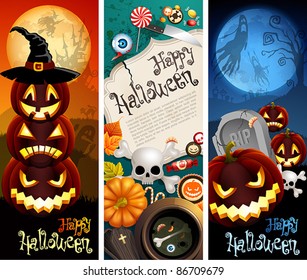 Halloween banners with pumpkins, different objects and place for text. Check my portfolio for raster version.