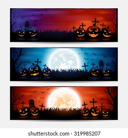 Halloween banners with pumpkins on graveyard, illustration.