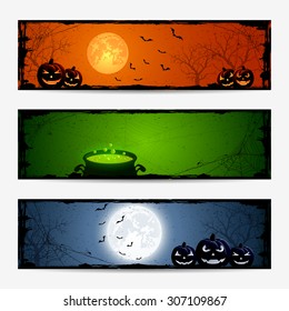 Halloween banners with pumpkins and witches pot, illustration.