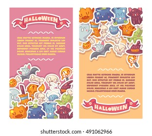 Halloween banners set with cute characters. Vector Illustration.