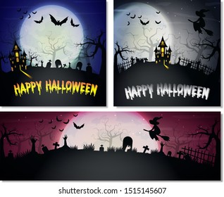 Halloween banners set. Foggy landscape with bats, full moon, pumpkins, trees and gravestones on graveyard. Vector illustration template