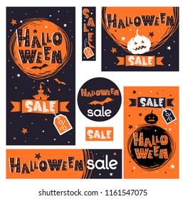 Halloween banners set with hand drawn text. Sale poster. Vector illustration. Discount design. Circle, rectangular, square composition. Horizontal and vertical prints. Art with castle, bats, pumpkin